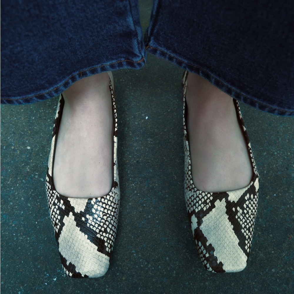Zara Square Toe Snake-Print Flats in Cream and Brown